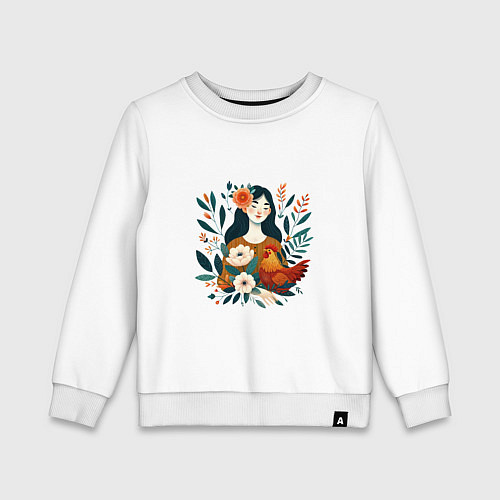 Детский свитшот Девушка и курица в окружении цветов / Белый – фото 1