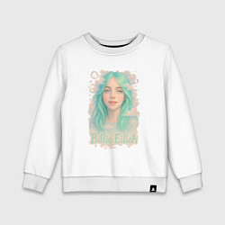 Свитшот хлопковый детский Билли Айлиш с зелеными волосами, цвет: белый