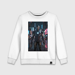 Свитшот хлопковый детский Железный человек посреди ночного города, цвет: белый