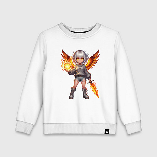 Детский свитшот Аниме девочка с огненными крыльями с мечом в руке / Белый – фото 1