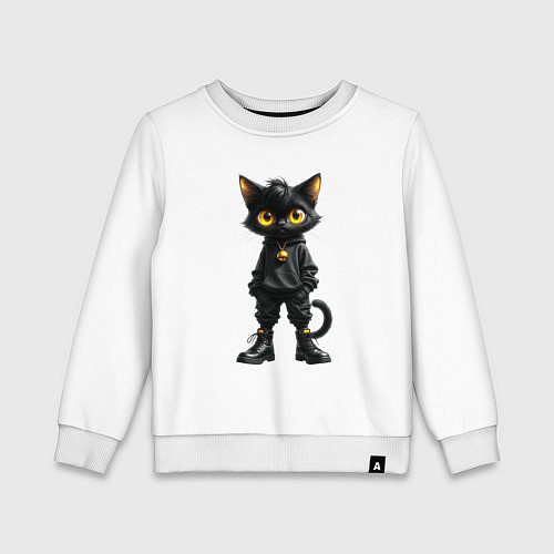 Детский свитшот Черный кот в черной одежде / Белый – фото 1