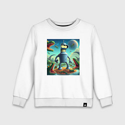 Свитшот хлопковый детский Робот-сгибальщик Бендер с пистолетом среди крокоди, цвет: белый