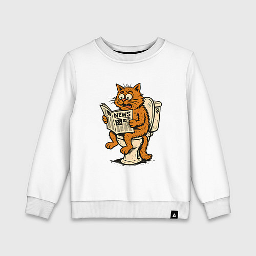 Детский свитшот Кот на унитазе читает новости / Белый – фото 1