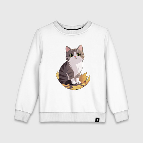 Детский свитшот Полосатый котенок сидит на желтых листьях / Белый – фото 1