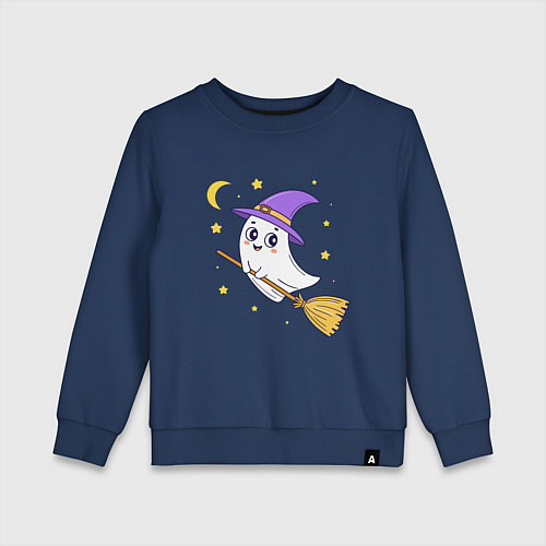 Детский свитшот Хэллоуин, привидение на метле, луна / Тёмно-синий – фото 1
