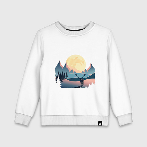 Детский свитшот Горы, луна и олень, зимний пейзаж / Белый – фото 1