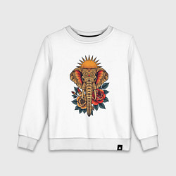 Свитшот хлопковый детский Слон на фоне солнца с розами в стиле тату, цвет: белый