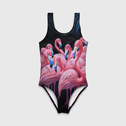 Купальник для девочки Стая розовых фламинго в темноте, цвет: 3D-принт