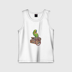 Майка детская хлопок Зеленый попугай на сундуке с сокровищами, цвет: белый