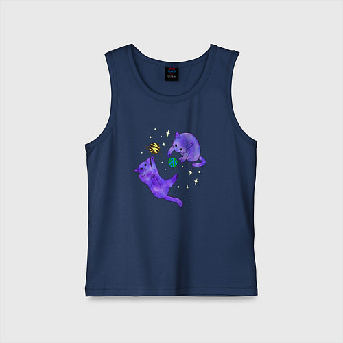 Детская майка Космические коты, играющие планетами / Тёмно-синий – фото 1