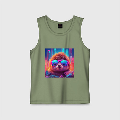 Детская майка Ежик в очках на фоне неонового города / Авокадо – фото 1