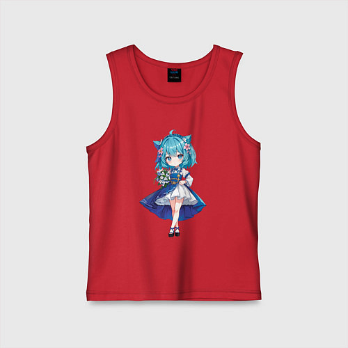 Детская майка Аниме девушка-кошка в синем платье с букетом цвето / Красный – фото 1
