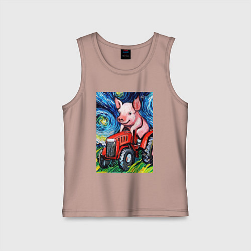 Детская майка Поросенок на красном тракторе - стиль Ван Гог / Пыльно-розовый – фото 1