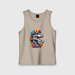 Майка детская хлопок Череп тираннозавра с яркими цветами, мексиканский, цвет: миндальный