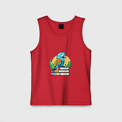 Майка детская хлопок Попугай на стопке книг, цвет: красный