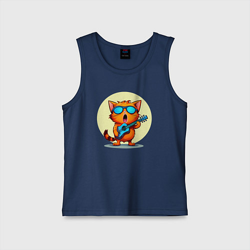 Детская майка Рыжий кот с гитарой поет песню / Тёмно-синий – фото 1