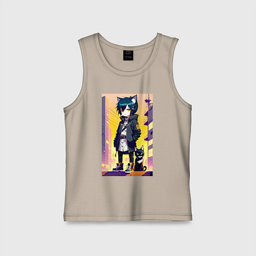 Детская майка Девочка с кошкой на крыше - нейросеть / Миндальный – фото 1