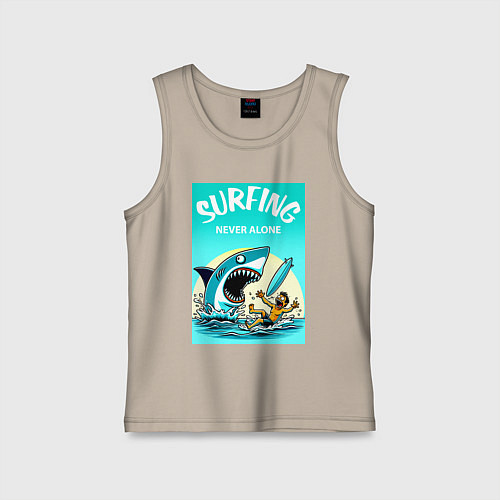 Детская майка Surfing never alone - shark and surfer / Миндальный – фото 1