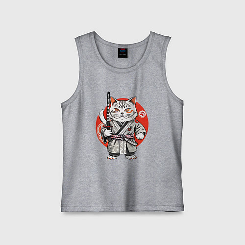 Детская майка Ниндзя кот с саблей красное солнце / Меланж – фото 1