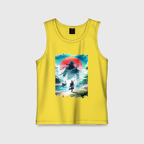 Детская майка Призрак Цусимы - самурай на берегу озера / Желтый – фото 1