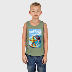 Майка детская хлопок Homer Simpson and shark - surfing never alone, цвет: авокадо — фото 2