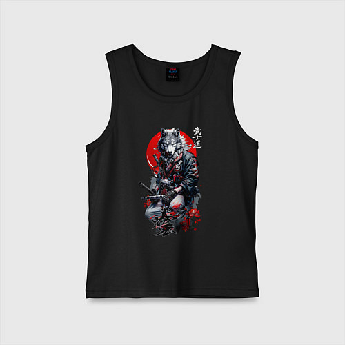 Детская майка Волк самурай - гравюра / Черный – фото 1