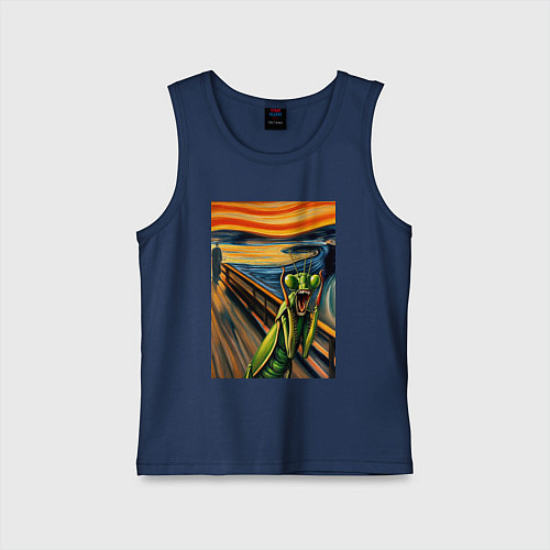 Детская майка Богомол кричит на картине Эдварда Мунка - мем иску / Тёмно-синий – фото 1