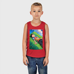 Майка детская хлопок Аниме мальчик на траве, цвет: красный — фото 2