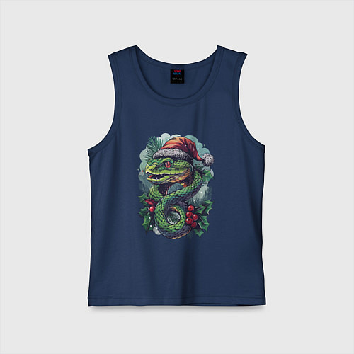 Детская майка Змея в новогодней шапке с омелой / Тёмно-синий – фото 1