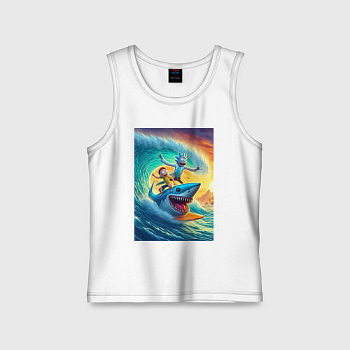 Детская майка Рик и Морти - сёрфинг на акуле / Белый – фото 1