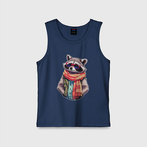 Детская майка Модный енот в очках и шарфе / Тёмно-синий – фото 1