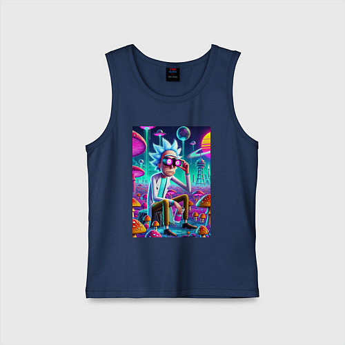 Детская майка Рик в неоновых очках среди грибов / Тёмно-синий – фото 1