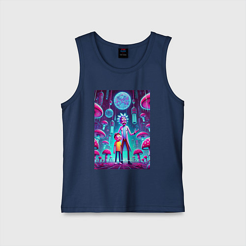 Детская майка Rick and Morty among neon mushrooms - ai art fanta / Тёмно-синий – фото 1