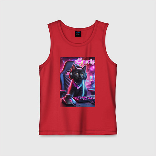 Детская майка Чёрный котёнок - киберспорт / Красный – фото 1
