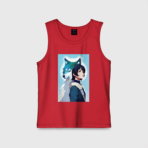 Детская майка Мечтательная девчонка и волк - нейроарт / Красный – фото 1