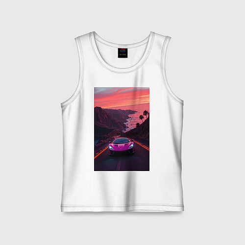 Детская майка Суперкар едет по дороге около океана / Белый – фото 1