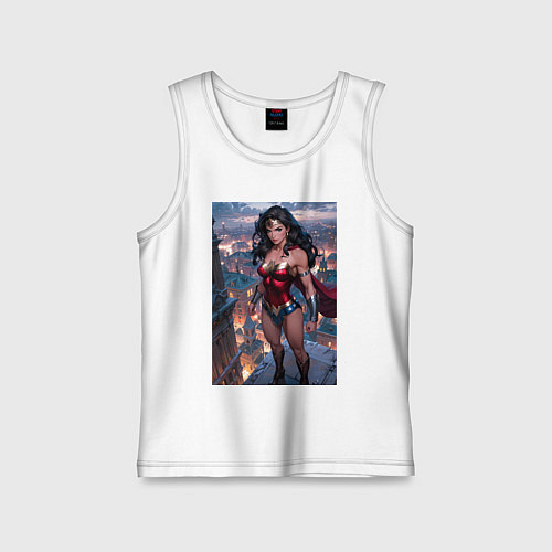 Детская майка Чудо-женщина с городским фоном в стиле комиксов / Белый – фото 1