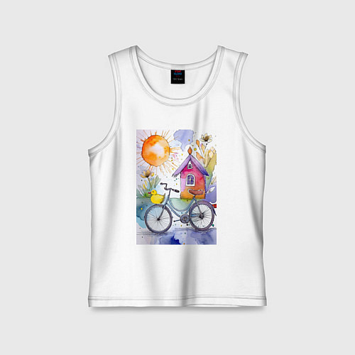 Детская майка Утенок на велосипеде - акварель / Белый – фото 1