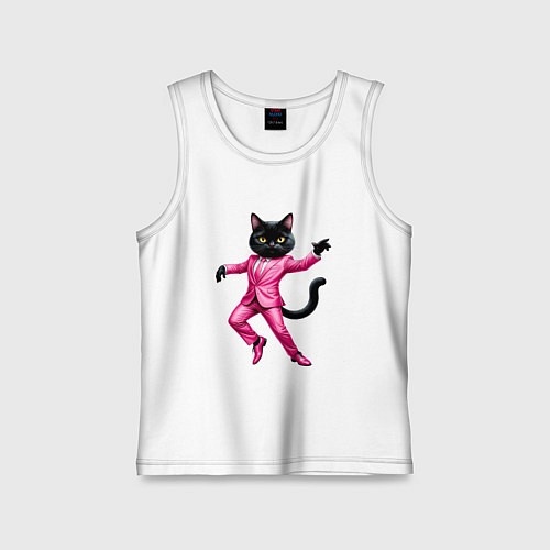 Детская майка Черный кот в розовом костюме танцует / Белый – фото 1
