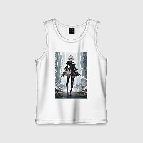 Детская майка Девушка-андроид с катанами посреди руин / Белый – фото 1