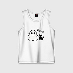 Майка детская хлопок Хэллоуин, привидение и черный кот, цвет: белый