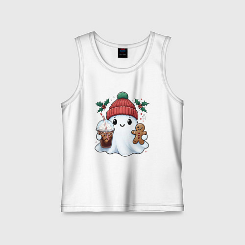Детская майка Милое новогоднее привидение с кофе и имбирным прян / Белый – фото 1