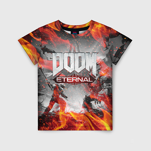 Детская футболка DOOM ETERNAL ДУМ ПАЛАЧ РОКА В ОГНЕ / 3D-принт – фото 1