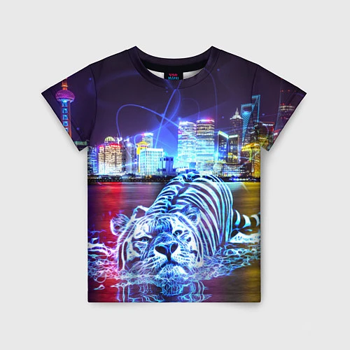 Детская футболка Плывущий неоновый тигр / 3D-принт – фото 1