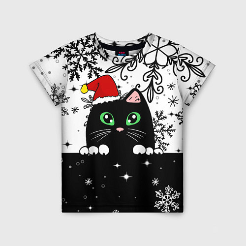 Детская футболка Новогодний кот в колпаке Санты / 3D-принт – фото 1