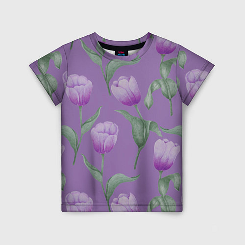 Детская футболка Фиолетовые тюльпаны с зелеными листьями / 3D-принт – фото 1
