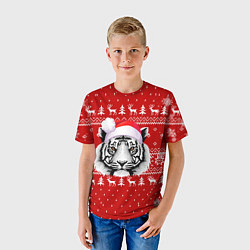 Футболка детская НОВОГОДНИЙ СВИТЕР С БЕЛЫМ ТИГРОМ 2022, цвет: 3D-принт — фото 2