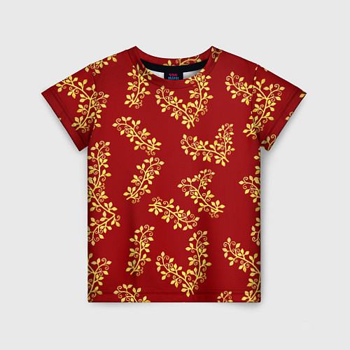 Детская футболка Золотые веточки на ярко красном фоне / 3D-принт – фото 1
