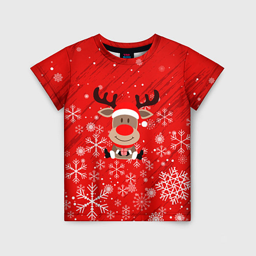 Детская футболка Снежинки летящие и Олень с подарком / 3D-принт – фото 1