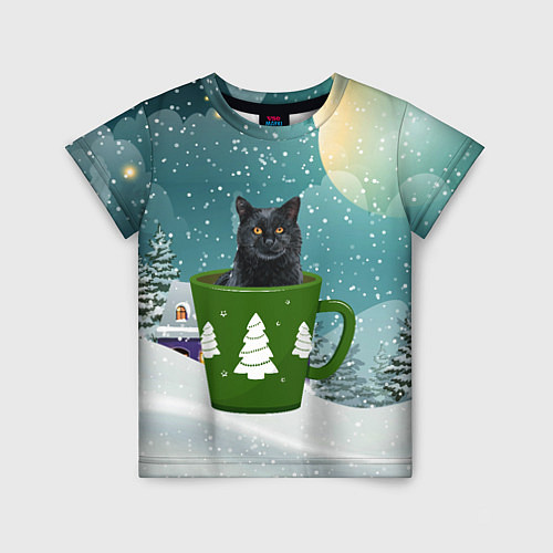 Детская футболка Черный кот в кружке / 3D-принт – фото 1